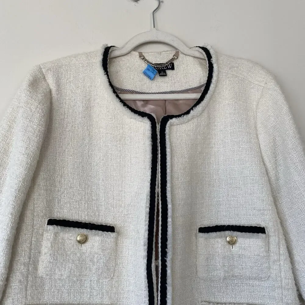 J. Crew Frances Lady Jacket in Ivory Tweed with Black Trim Gold Buttons SZ 22
